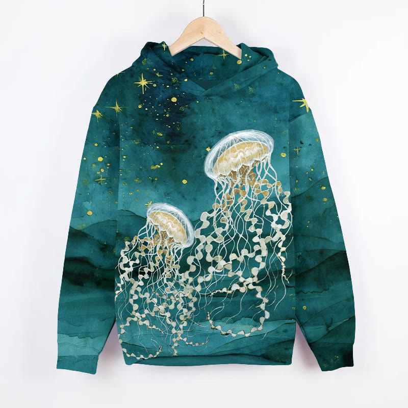 Creative Starry Dancing Jellyfish Art Print Long Sleeve Hoodie - Green - US44-46(8XL) - image 2