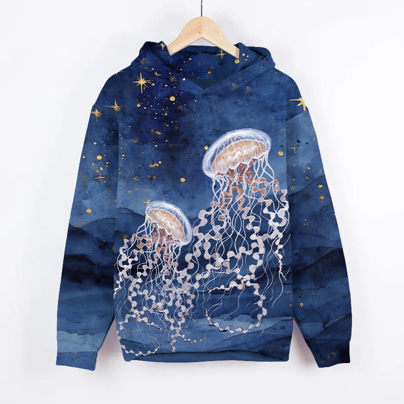 Creative Starry Dancing Jellyfish Art Print Long Sleeve Hoodie - Blue - US44-46(8XL) - image 1
