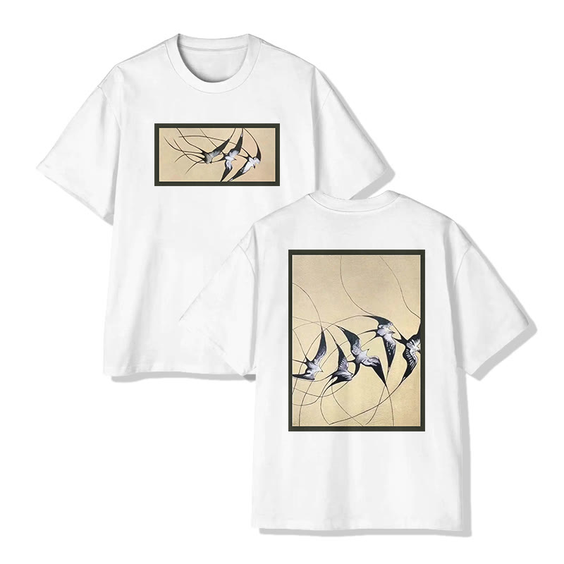 Unisex Japanese Zen-inspired Swallow Motif Art Pattern Cotton Print T-shirt - White - US20-22(3XL) - image 2