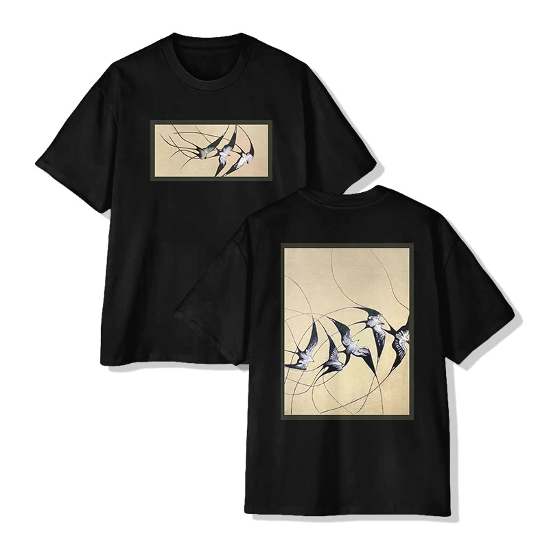 Unisex Japanese  Zen-inspired Swallow Motif Art Pattern Cotton Print T-shirt - Black - US20-22(3XL) - image 1