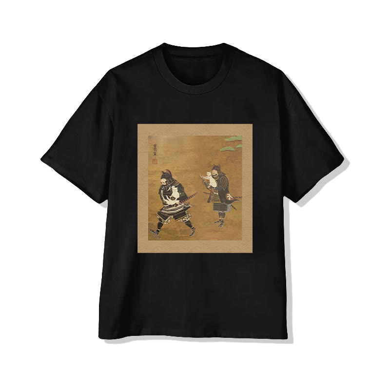 Unisex Japanese Japanese Retro Classic Samurai And Cat Art Pattern Cotton Print T-shirt - Black - US20-22(3XL) - image 2