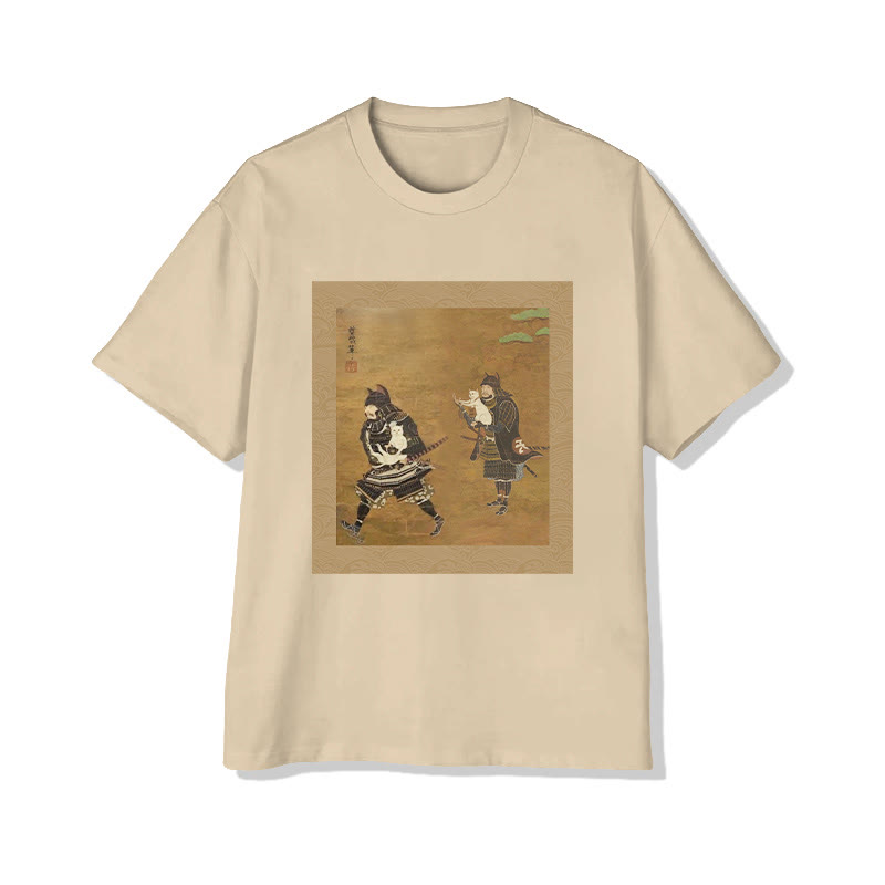 Unisex Japanese  Japanese Retro Classic Samurai And Cat Art Pattern Cotton Print T-shirt - Apricot - US20-22(3XL) - image 1