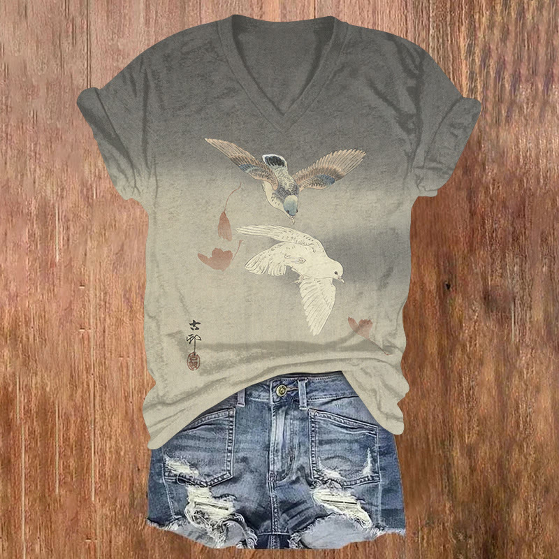 Japanese Vintage Two Pigeons Near Falling Ginkgo Leaves Pattern Print Short Sleeved V-neck T-shirt - Light Gray - US32-34(5XL) - image 1