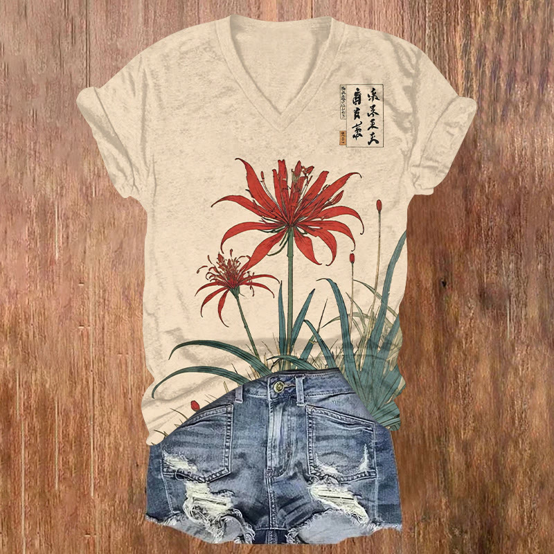 Japanese Vintage Spider Lily Pattern Print Short Sleeved V-neck T-shirt - Apricot - US32-34(5XL) - image 1