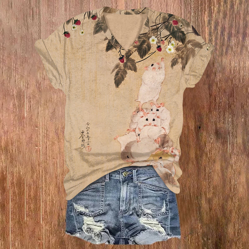 Japanese Vintage Hamsters Pattern Print Short Sleeved V-neck T-shirt - Apricot - US32-34(5XL) - image 1