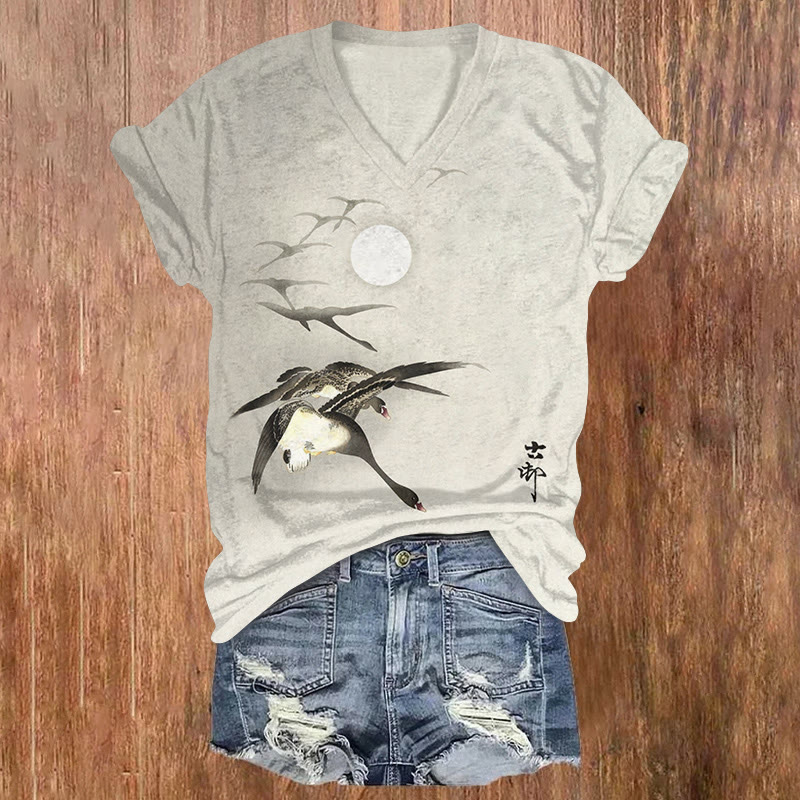 Japanese Vintage Geese And The Moon Pattern Print Short Sleeved V-neck T-shirt - Light Gray - US32-34(5XL) - image 1