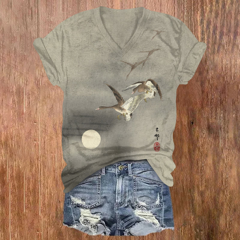 Japanese Vintage Flying Geese And Moon Pattern Print Short Sleeved V-neck T-shirt - Light Gray - US32-34(5XL) - image 1