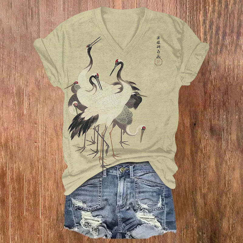 Japanese Vintage Seven Cranes Pattern Print Short Sleeved V-neck T-shirt - Light Green - US32-34(5XL) - image 1