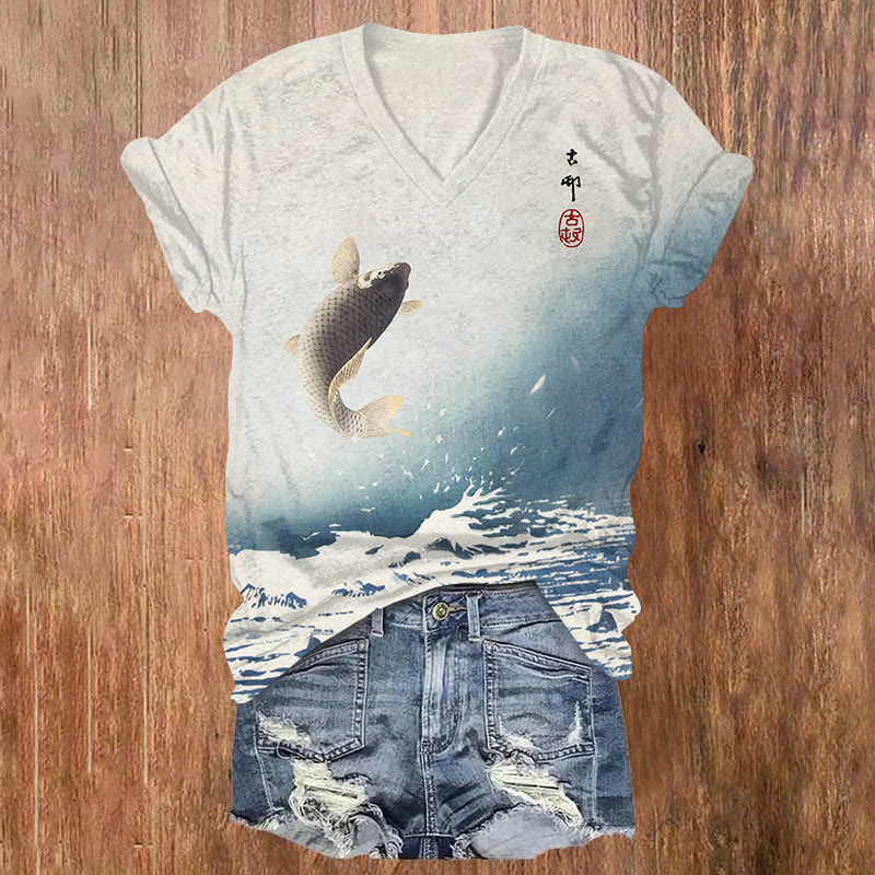Japanese Vintage A Jumping Carp Pattern Print Short Sleeved V-neck T-shirt - Light Blue - US32-34(5XL) - image 1