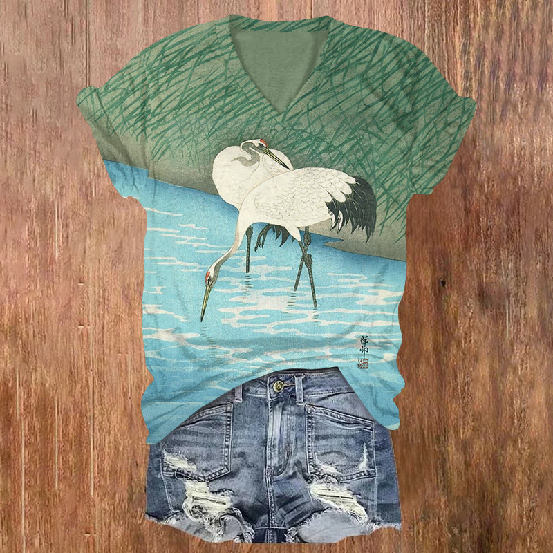 Two Japanese Cranes Standing In Shallow Water Pattern Print Short Sleeved V-neck T-shirt - Light Blue - US32-34(5XL) - image 1