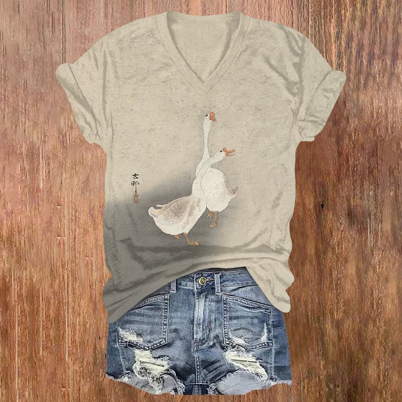 Japanese Vintage Two Geese Pattern Print Short Sleeved V-neck T-shirt - Light Gray - US32-34(5XL) - image 1