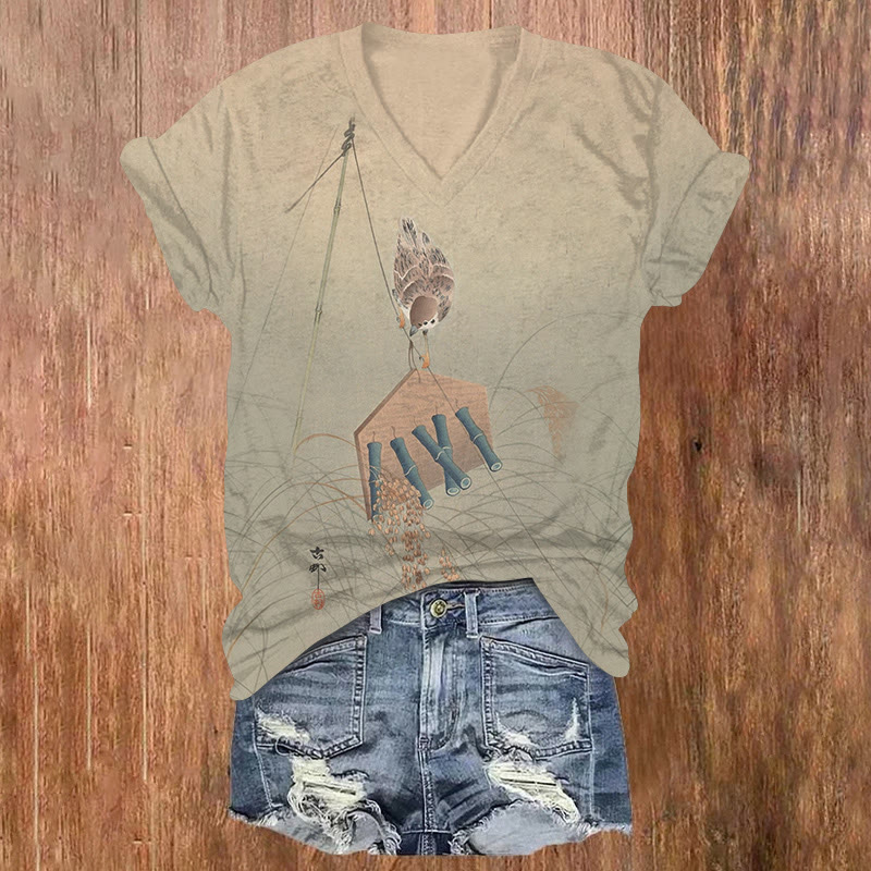 Japanese Vintage Sparrow On Wind-chime Pattern Print Short Sleeved V-neck T-shirt - Light Green - US32-34(5XL) - image 1