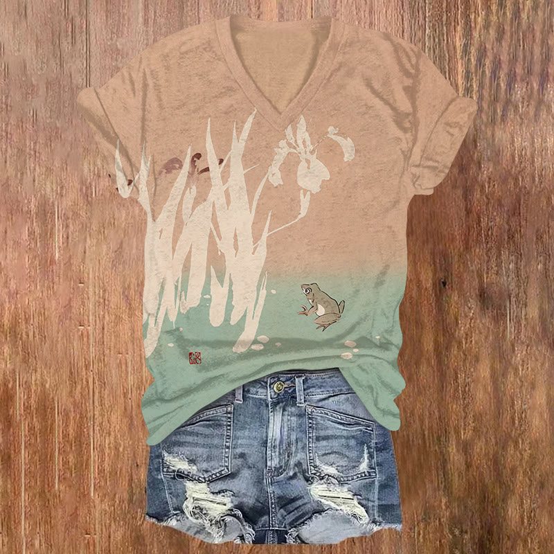 Japanese Vintage Gradient Frog Pattern Print Short Sleeved V-neck T-shirt - Apricot - US32-34(5XL) - image 1