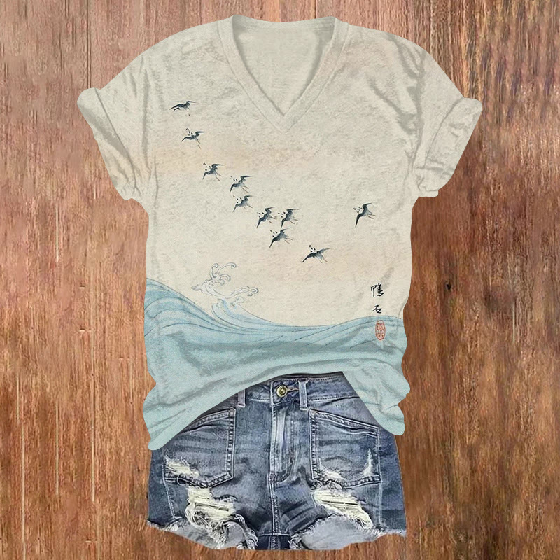 Japanese Vintage Zen-inspired Swallows And Ocean Waves Pattern Print Short Sleeved V-neck T-shirt - Apricot - US32-34(5XL) - image 1