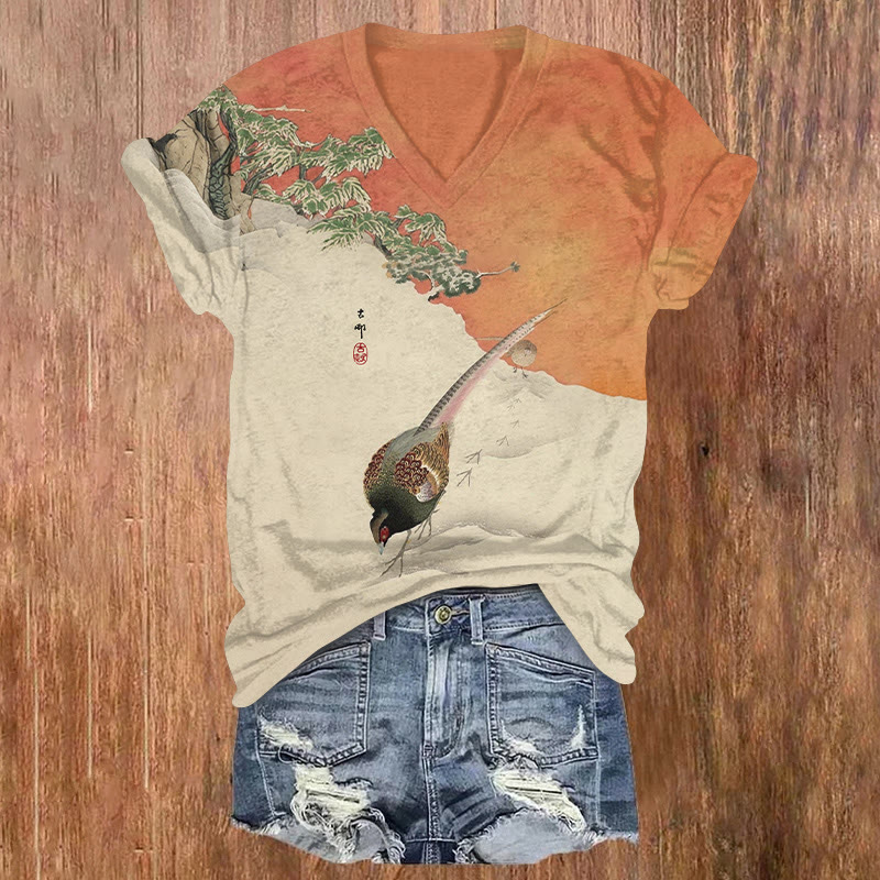 Japanese Vintage Two Pheasants In Snow Pattern Print Short Sleeved V-neck T-shirt - Orange - US32-34(5XL) - image 1