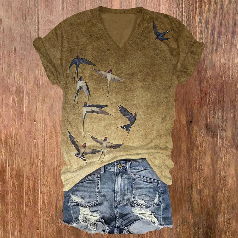 Japanese Vintage Golden Flight Of Swallows Pattern Print Short Sleeved V-neck T-shirt - Khaki - US32-34(5XL) - image 1
