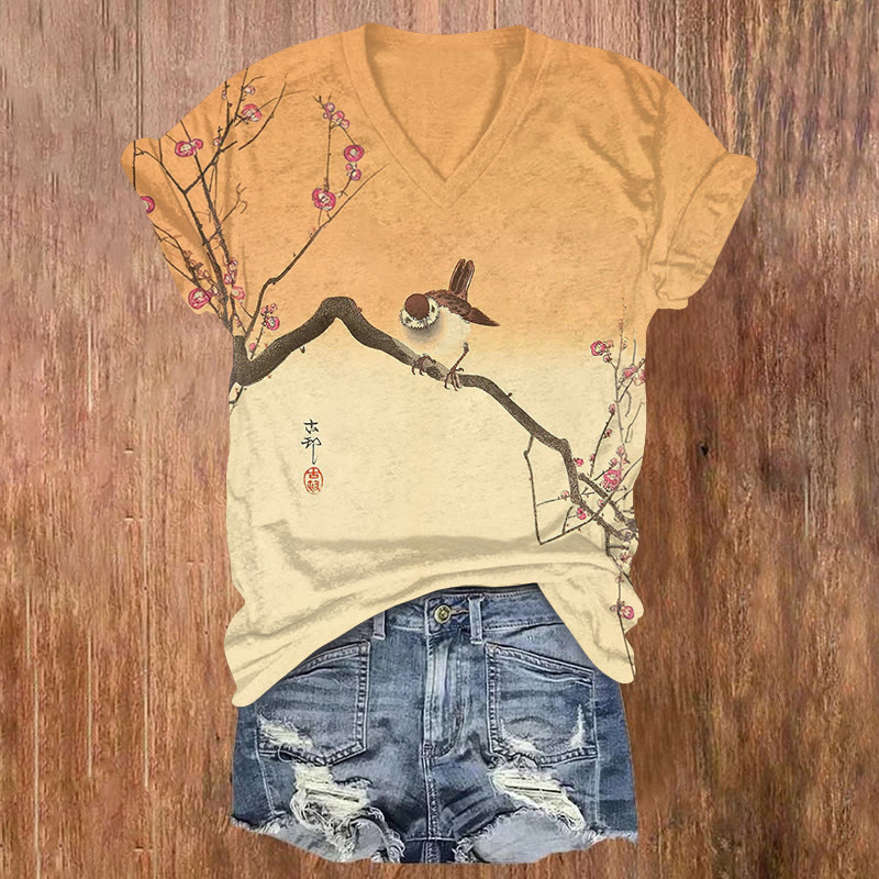 Japanese Vintage Sparrow On Plum Branch Pattern Print Short Sleeved V-neck T-shirt - Orange - US32-34(5XL) - image 1