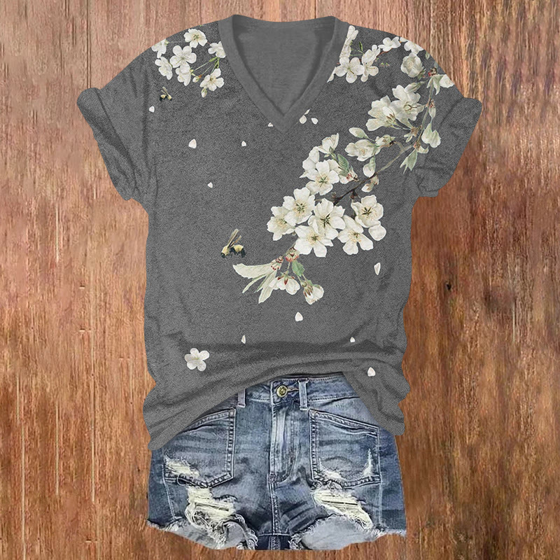 Japanese Vintage Honeybee And White Cherry Blossoms Pattern Print Short Sleeved V-neck T-shirt - Grey - US32-34(5XL) - image 2