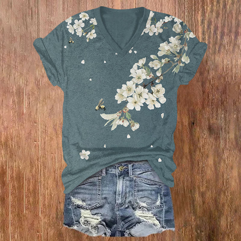 Japanese Vintage Honeybee And White Cherry Blossoms Pattern Print Short Sleeved V-neck T-shirt - Blue - US32-34(5XL) - image 1