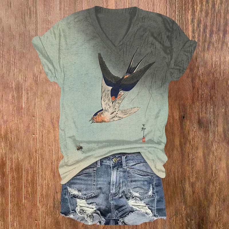 Japanese Vintage Swallows And Bee Pattern Print Short Sleeved V-neck T-shirt - Light Blue - US32-34(5XL) - image 1