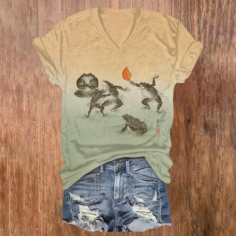 Japanese Vintage Frog Sumo Pattern Print Short Sleeved V-Neck T-Shirt - Apricot - US32-34(5XL) - image 1
