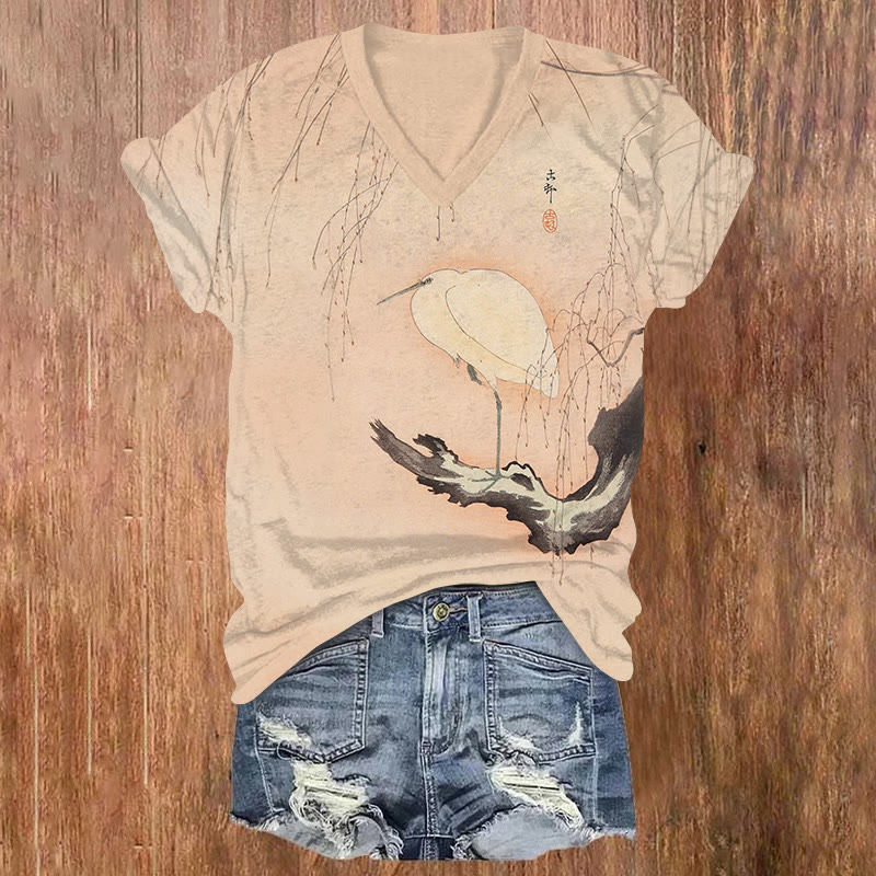 Japanese Vintage Heron On A Willow-tree Pattern Print Short Sleeved V-neck T-shirt - Light Pink - US32-34(5XL) - image 1
