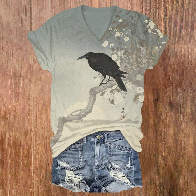 Japanese Vintage Crow At Full Moon Pattern Print Short Sleeved V-neck T-shirt - Blue - US32-34(5XL) - image 1