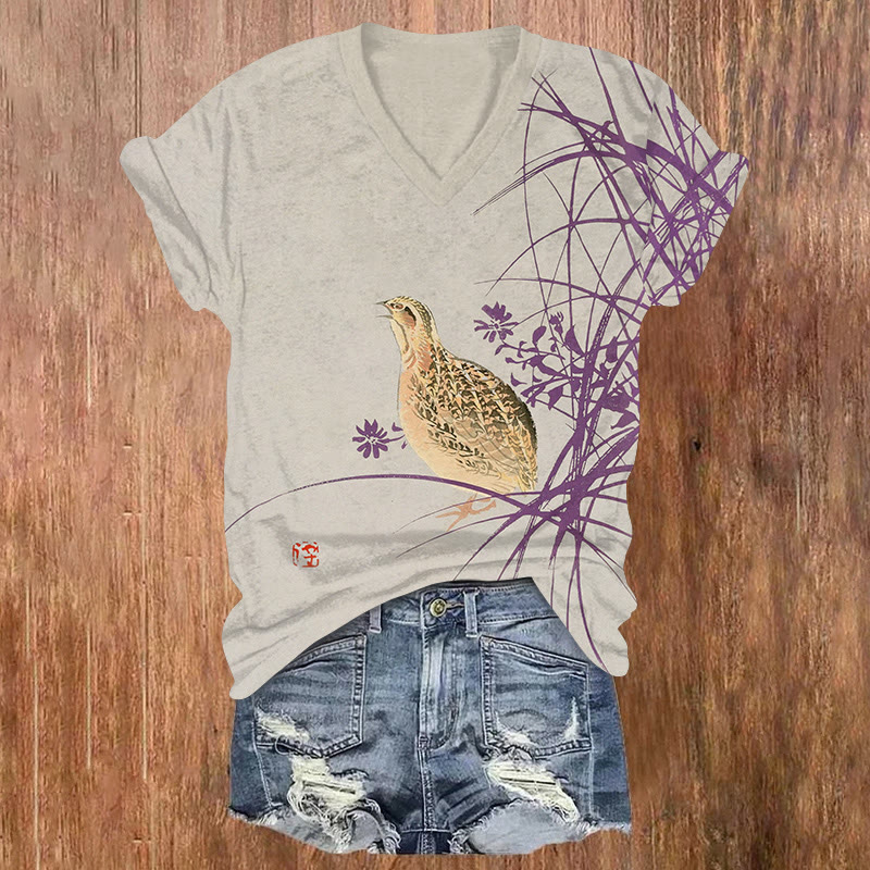 Japanese Vintage Purple Grass And Little Bird Pattern Print Short Sleeved V-neck T-shirt - Light Gray - US32-34(5XL) - image 1