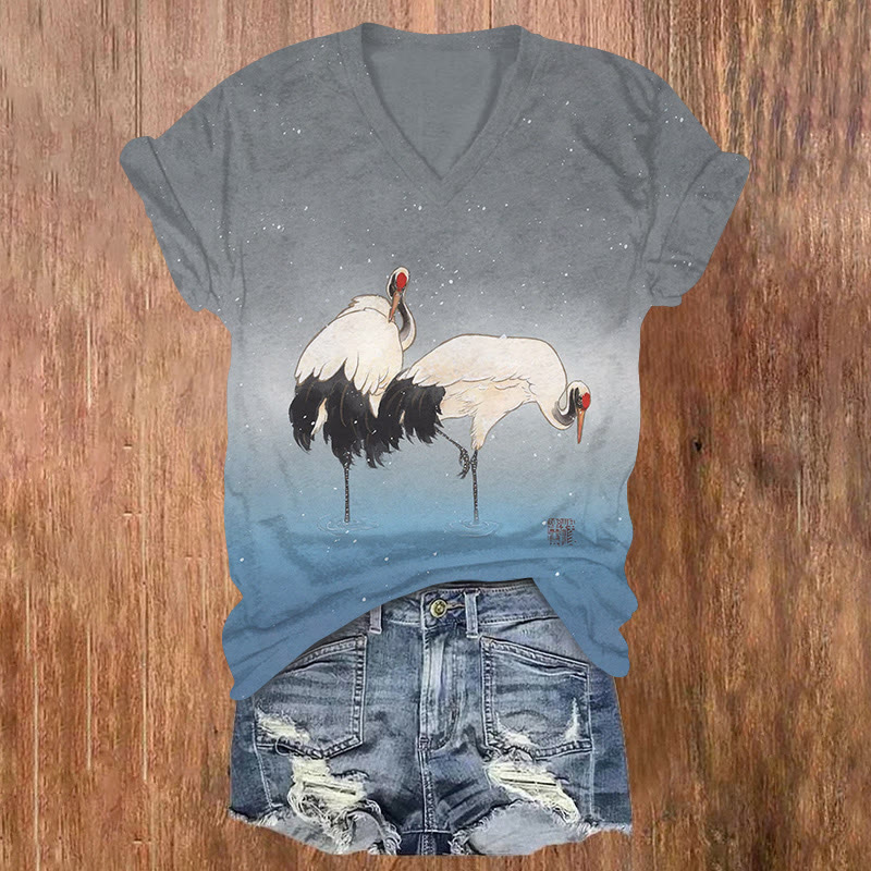Japanese Vintage Winter Cranes Gradient Snow Scene Pattern Print Short Sleeved V-neck T-shirt - Blue - US32-34(5XL) - image 1