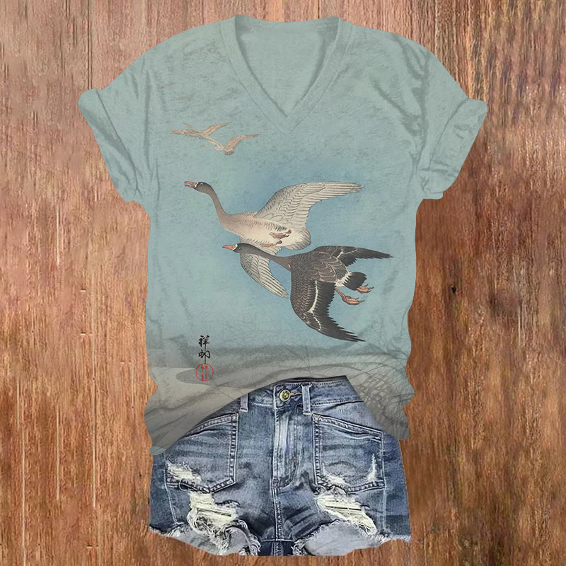 Japanese Vintage Wild Geese Pattern Print Short Sleeved V-neck T-shirt - Blue - US32-34(5XL) - image 1