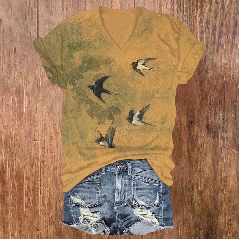 Japanese Vintage Barn Swallows Pattern Print Short Sleeved V-neck T-shirt - Khaki - US32-34(5XL) - image 1