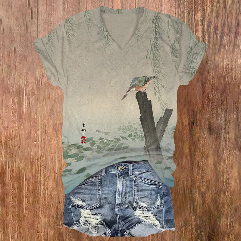 Japanese Vintage Kingfisher Pattern Print Short Sleeved V-neck T-shirt - Light Gray - US32-34(5XL) - image 1