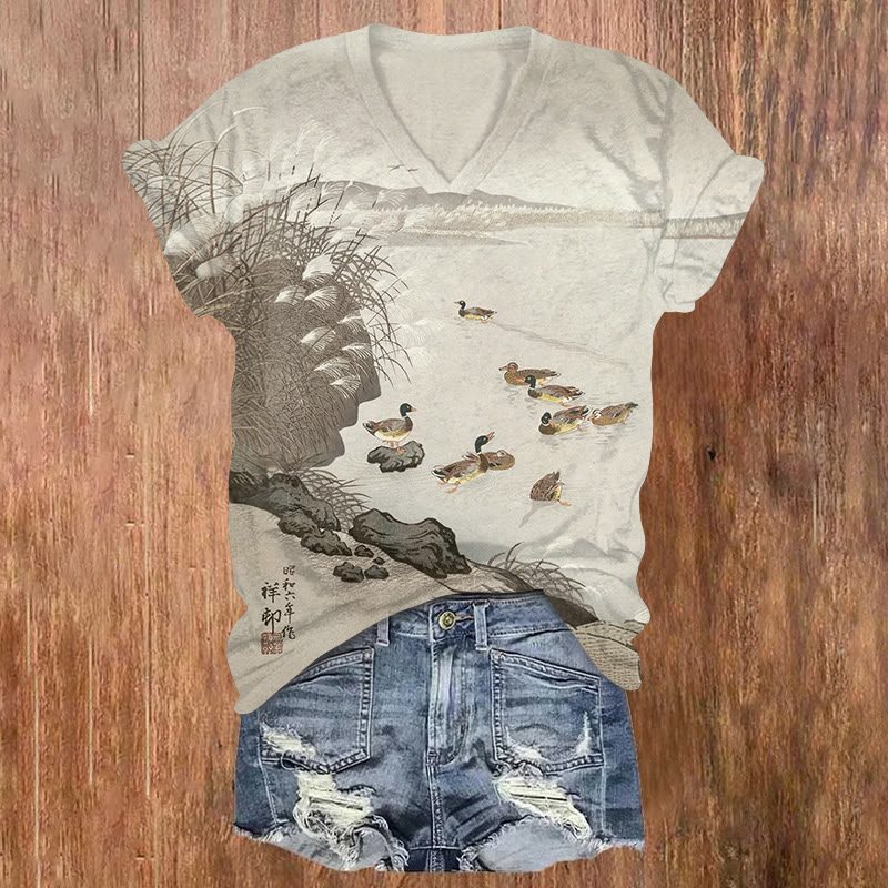 Japanese Vintage Mallards In Coastal Scene Pattern Print Short Sleeved V-neck T-shirt - Light Gray - US32-34(5XL) - image 1