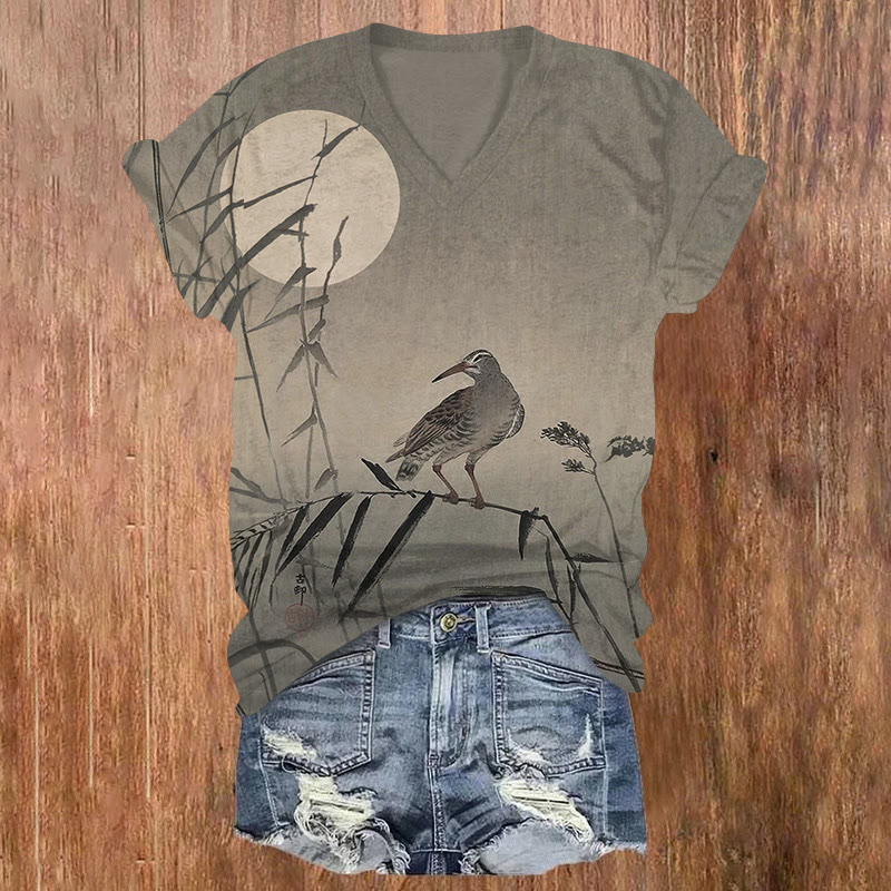Japanese Vintage Black Rider On Bamboo Branch Pattern Print Short Sleeved V-neck T-shirt - Grey - US32-34(5XL) - image 1
