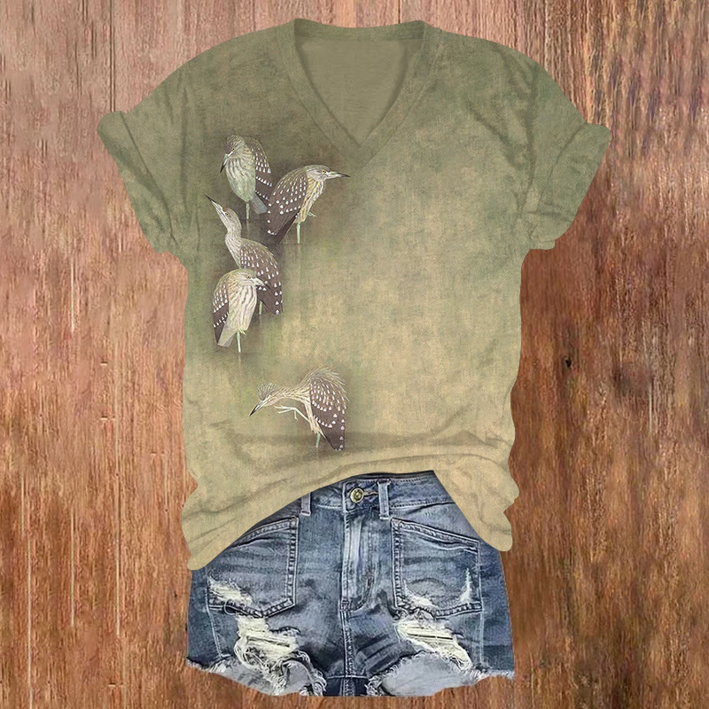 Japanese Vintage Five Birds Pattern Print Short Sleeved V-neck T-shirt - Light Green - US32-34(5XL) - image 1
