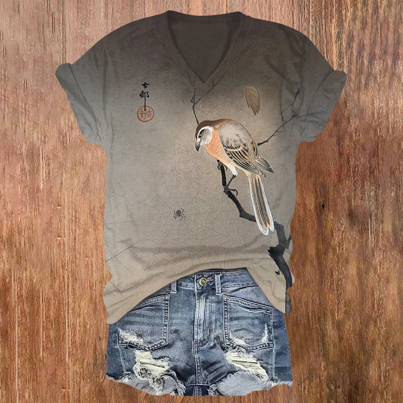 Japanese Vintage Wee Blue Coo Buffalo Shrike Spider Pattern Print Short Sleeved V-neck T-shirt - Coffee - US32-34(5XL) - image 1