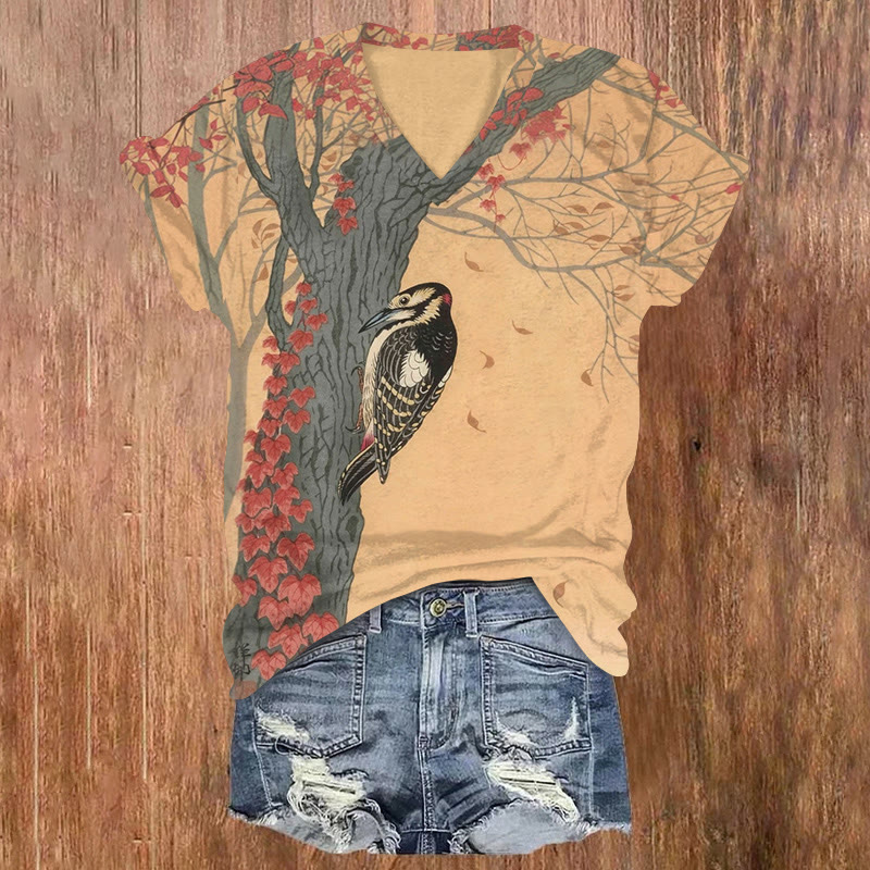 Japanese Vintage Great Spotted Woodpecker On Tree With Red Ivy Pattern Print Short Sleeved V-neck T-shirt - Orange - US32-34(5XL) - image 1