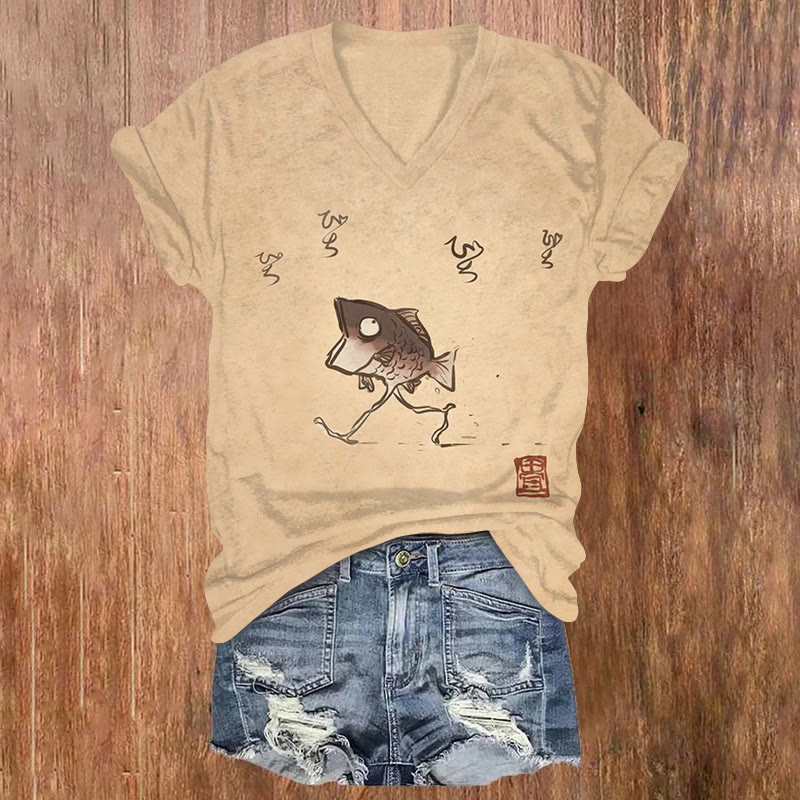 Japanese Funny Walking Fish Pattern Print Short Sleeved V-neck T-shirt - Apricot - US32-34(5XL) - image 1