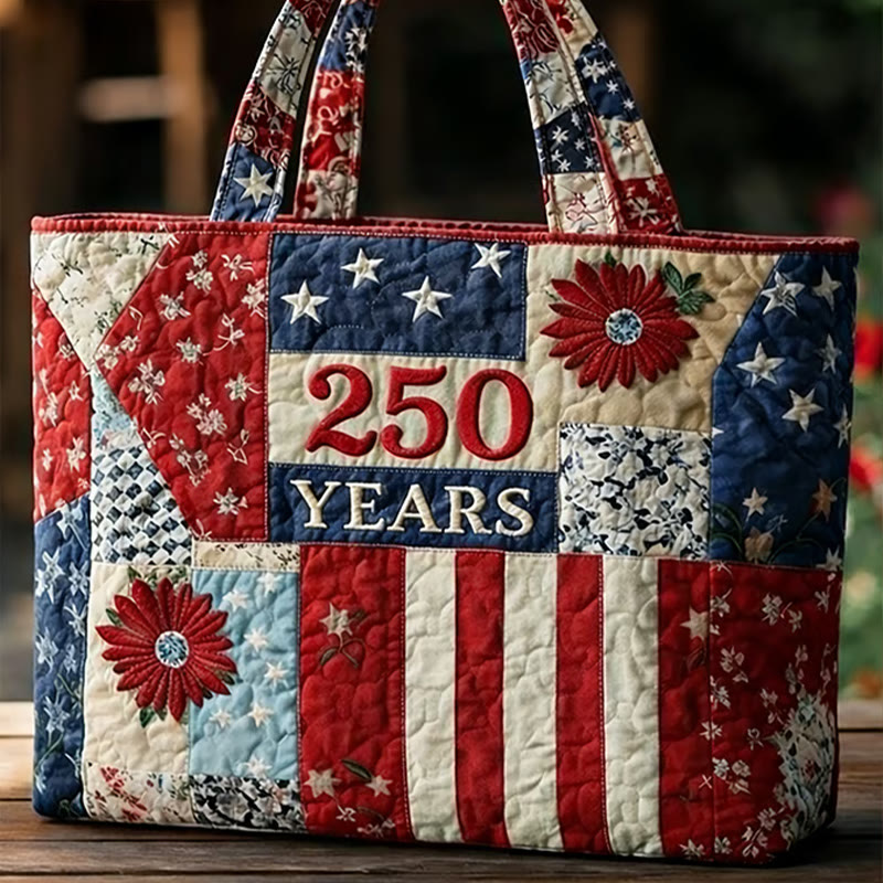 250th Anniversary Of Independence Day Floral Flag Patchwork Quilted Tote Bag - Multicolor - one size - image 1