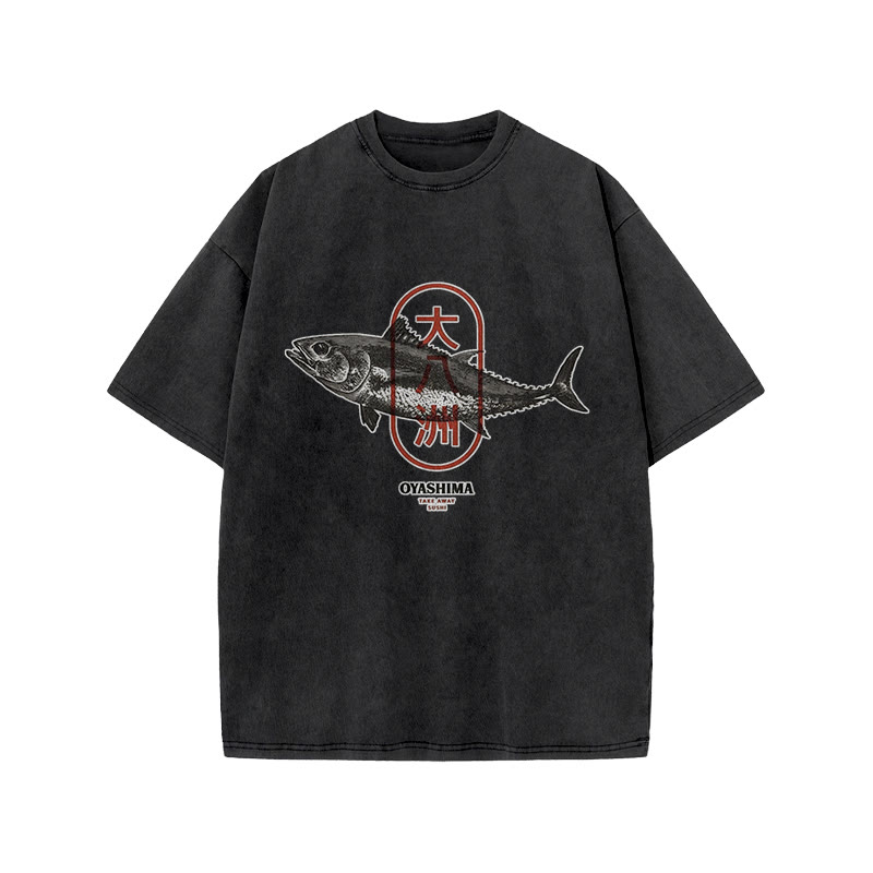 Japanese Fish Sketch Art Patterns Print Acid Washed T-shirt - Black - US20-22(3XL) - image 1