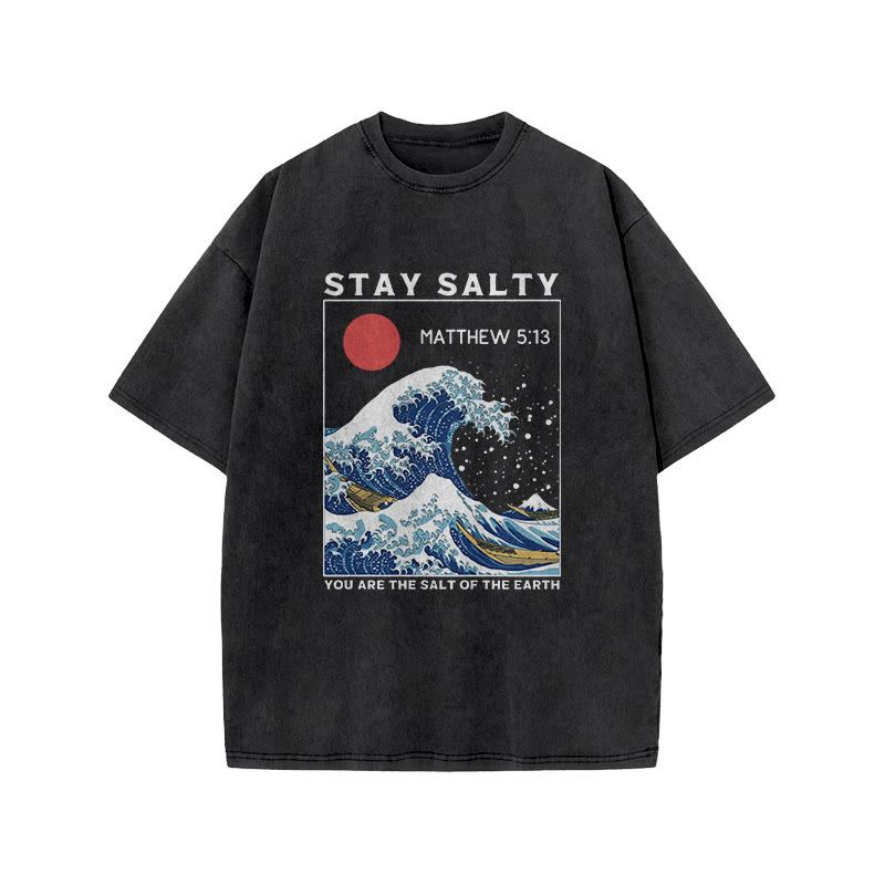 Japanese Ukiyo-e Wave Stay Salty Art Patterns Print Acid Washed T-shirt - Black - US20-22(3XL) - image 1