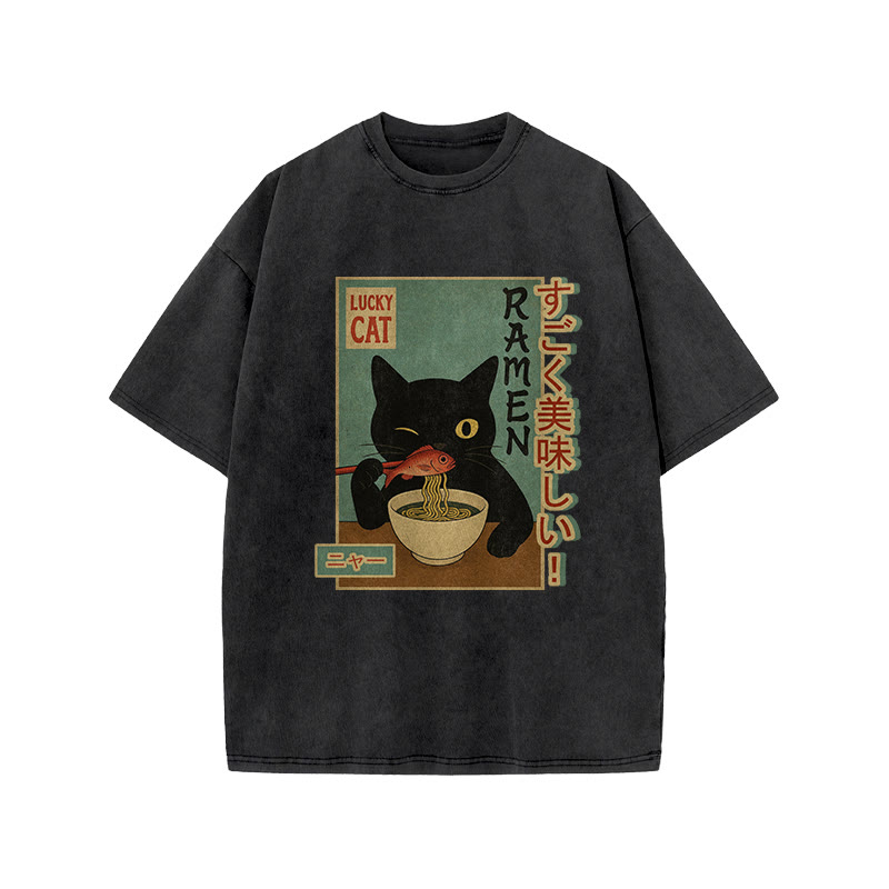 Japanese Retro Cat Eating Fish Poster Art Patterns Print Acid Washed T-shirt - Black - US20-22(3XL) - image 1