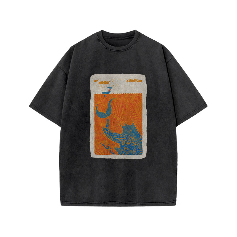 Japanese Mysterious Ocean Story Pattern Art Patterns Print Acid Washed T-shirt - Black - US20-22(3XL) - image 1