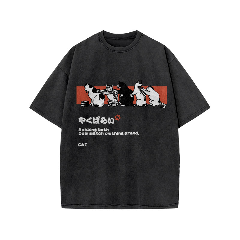 Japanese Cute Cats In A Line Art Patterns Print Acid Washed T-shirt - Black - US20-22(3XL) - image 1