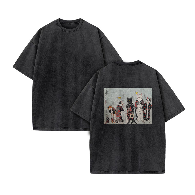 Japanese Retro Ukiyo-e Style Tattooed Cats Art Patterns Print Acid Washed T-shirt - image 2