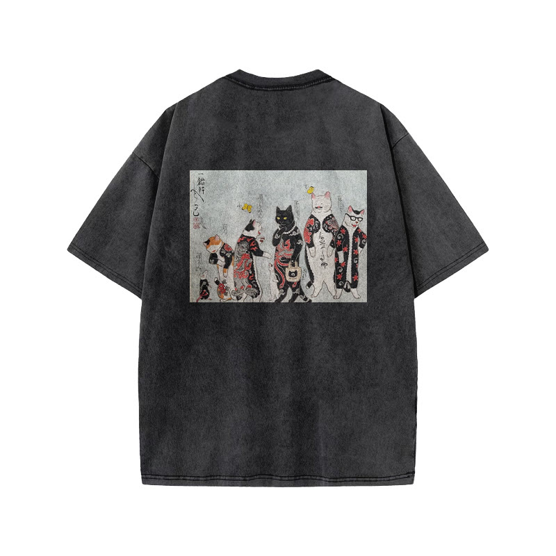 Japanese Retro Ukiyo-e Style Tattooed Cats Art Patterns Print Acid Washed T-shirt - Black - US20-22(3XL) - image 1