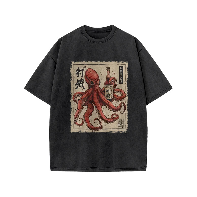 Japanese Retro Drunken Octopus Pattern Print Acid Washed T-shirt - Black - US20-22(3XL) - image 1