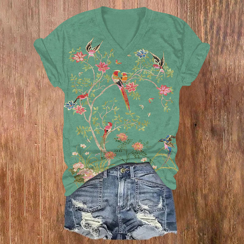 Birds And Flowers Embroidery Pattern Print Short Sleeved V-neck T-shirt - Green - US32-34(5XL) - image 1