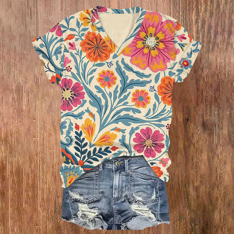 Retro Watercolor Flowers Art Print Short Sleeved V-neck T-shirt - Blue - US32-34(5XL) - image 1