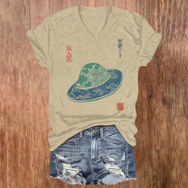 Japanese Ukiyo-e Style UFO Pattern Print Short Sleeved V-neck T-shirt - Khaki - US32-34(5XL) - image 1
